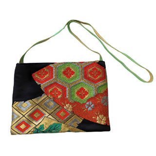 Silk Vintage Japanese Kimono Bag/Cross Body/Black Gold Orange *Green Strap