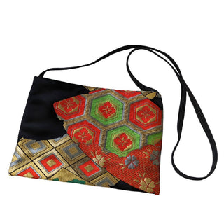 Silk Vintage Japanese Kimono Bag/Black Red Green Gold * Black Strap / Cross Body
