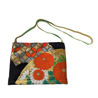 Silk Vintage Japanese Kimono Bag/Cross Body/Black Gold Orange *Green Strap
